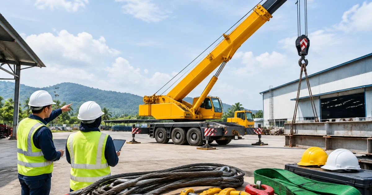 Mobile crane set up at an industrial site in Kulim with rigging equipment in the foreground