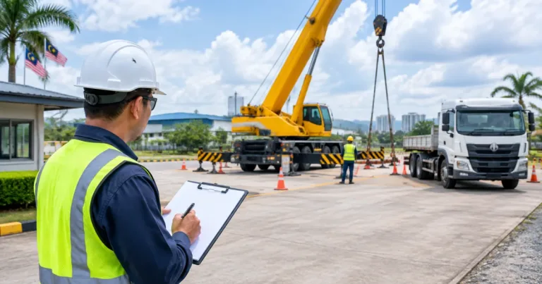Site supervisor preparing site details to book a crane rental in Penang for a one-day lift