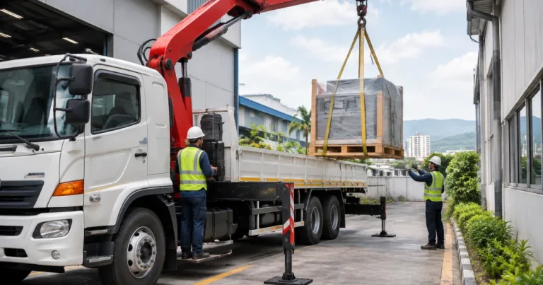 Lorry crane performing a lift-and-transport style unloading at an industrial site in Kulim