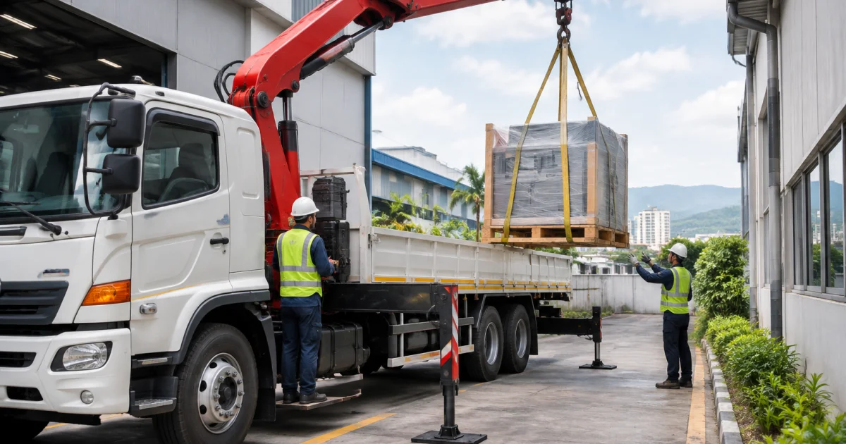 Lorry crane performing a lift-and-transport style unloading at an industrial site in Kulim