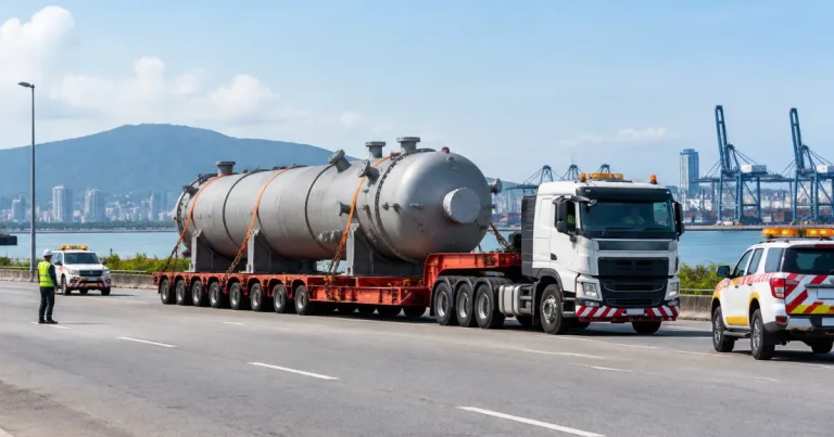 Low loader transporting secured oversized machinery in Penang industrial area